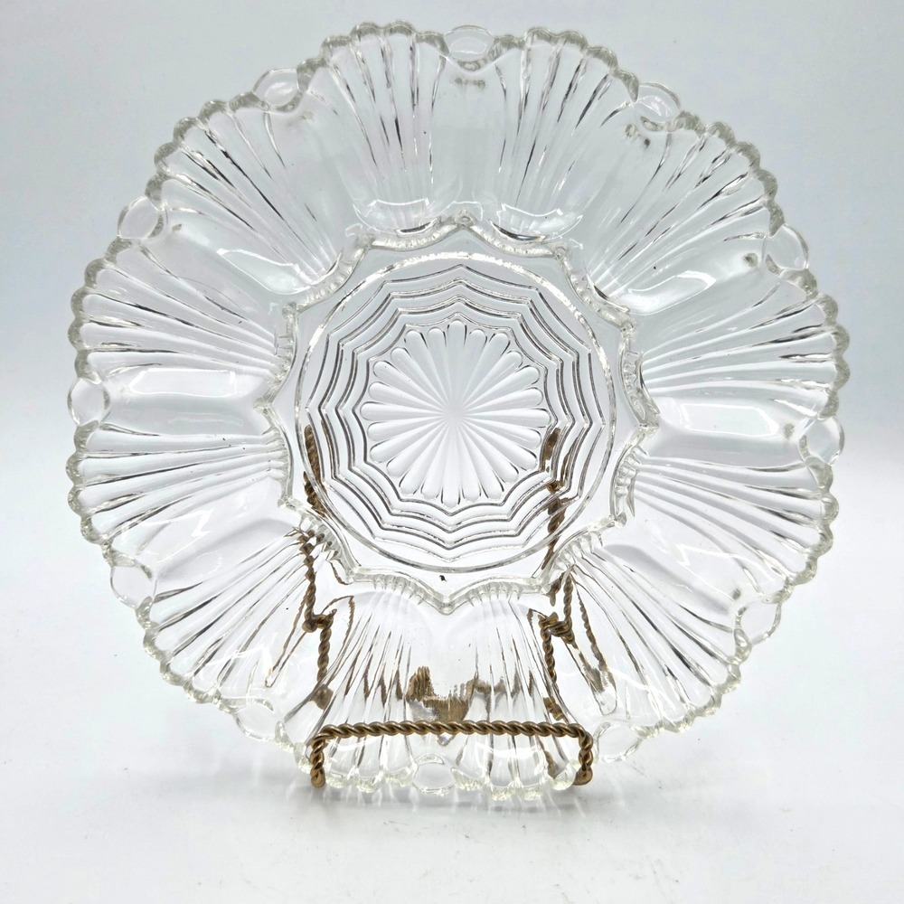 Vintage Clear Glass Deviled Egg Plate Tray Scalloped Ribbed Pattern 12 Egg Slots